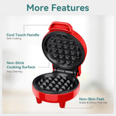 Snailar Mini Waffle Maker – 550W Compact Waffle Iron, Nonstick Coating, Ready Indicator Light, Cool Touch Handle, Easy Clean, Red
